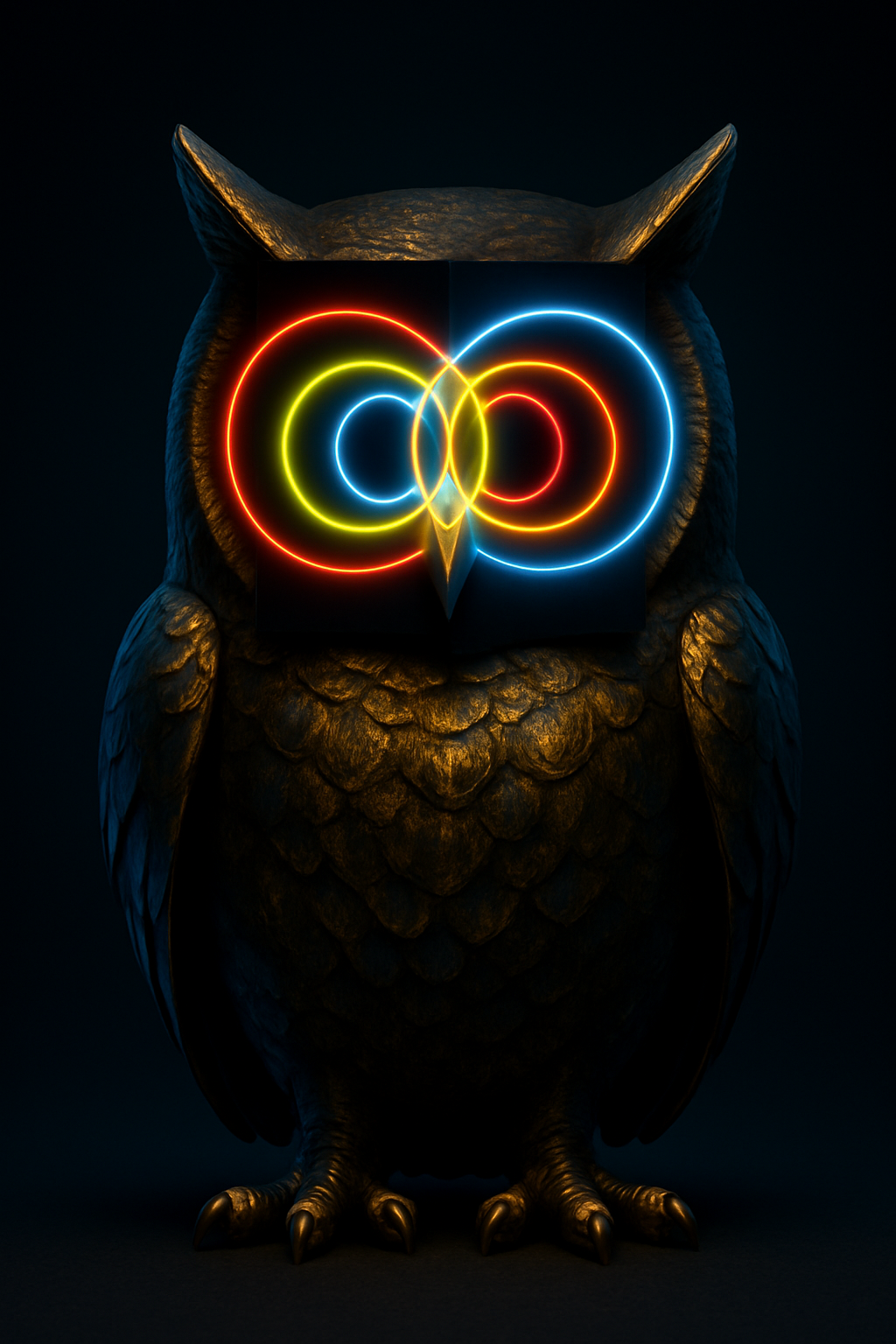 Metallic owl with neon rings